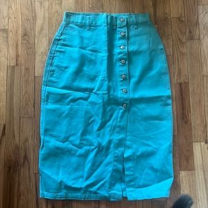 Vintage mid length teal denim button skirt size 11/12